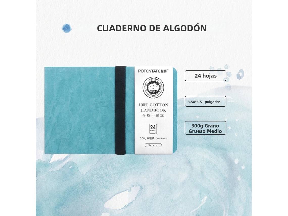 Cuaderno de acuarela azul, 100 % algodón, 300 g/m² (9 x 14 cm)