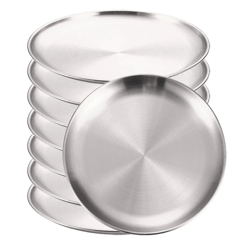 (8pcs, Plata, 17cm) Bandeja Redonda De Acero Inoxidable, Resistente A La Oxidación, Ideal Para Acampar, Barbacoa, Etc.