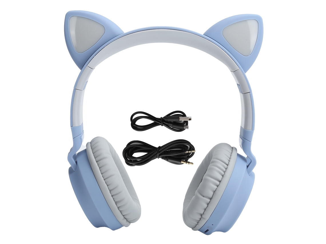 Fone De Ouvido Com Orelha De Gato Bluetooth 5.0 Luz Led 3d Estéreo Foldável Com Microfone Cinza Azul