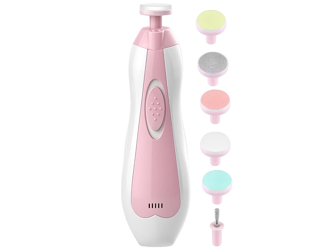 Set de manicura rotativa eléctrica Avizar para bebés con LED y 6 puntas, blanco/rosa