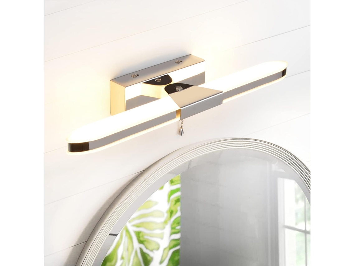 Espejo de baño LED de 40 cm, lámpara de espejo LED, aplique de pared con interruptor de tirador, 3000 K, 640 lm, 8 W, IP44, acrílico