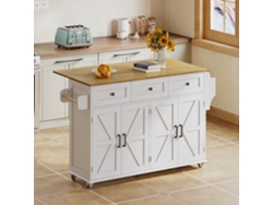Isla De Cocina Con Encimera Plegable, 5 Ruedas, 4 Puertas, 3 Cajones, Estilo Rústico, Blanca, 140x70x91cm