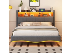 Cama Tapizada 140x200cm, Diseño Flotante, Led, Usb-c, Almacenamiento En Cabecero, Capacidad 250kg, Sin Colchón, Gris