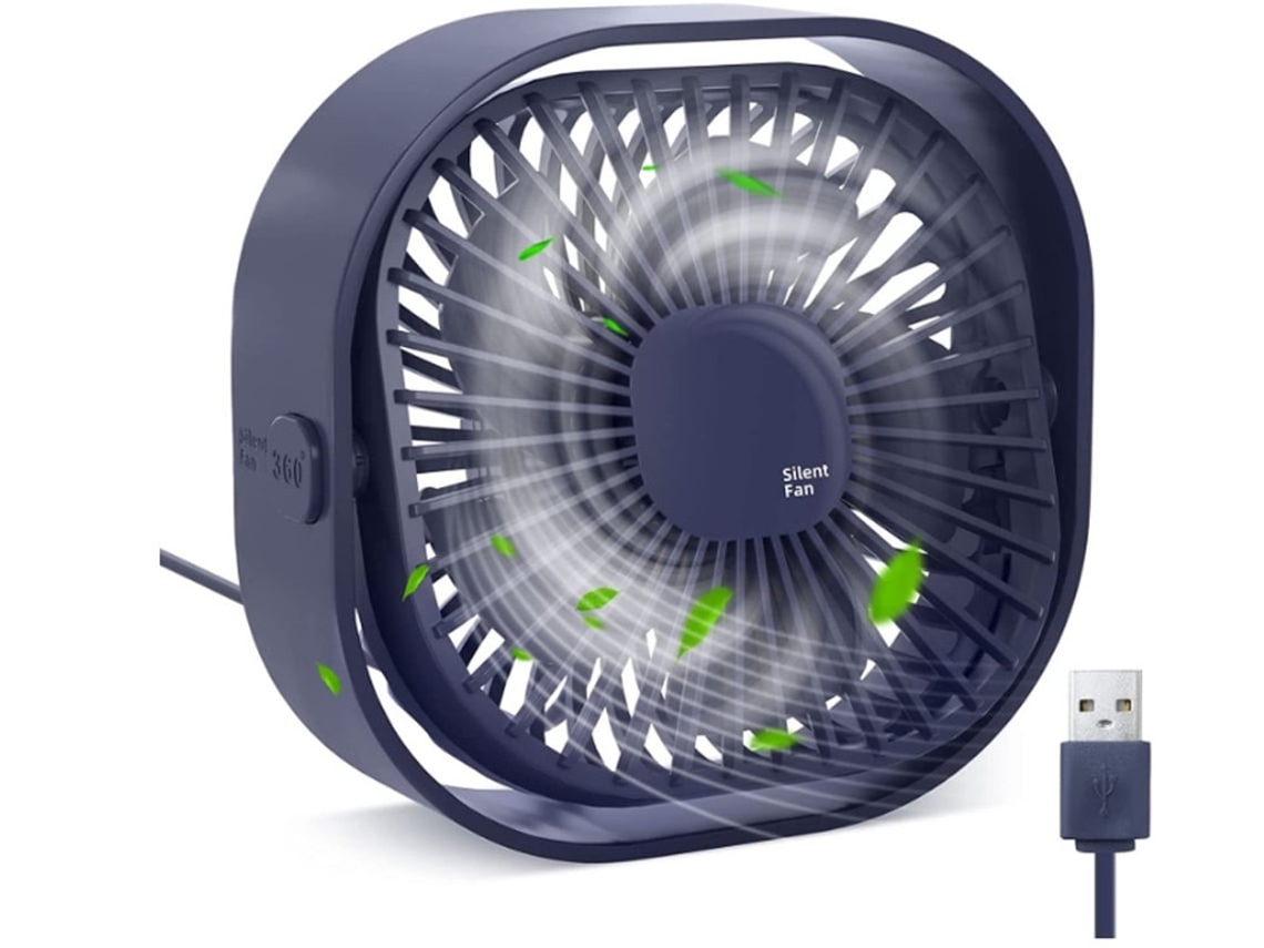 Ventilador de escritorio pequeño USB, 3 velocidades, 4 pulgadas, silencioso, rotación de 360°, Yizhood (azul)