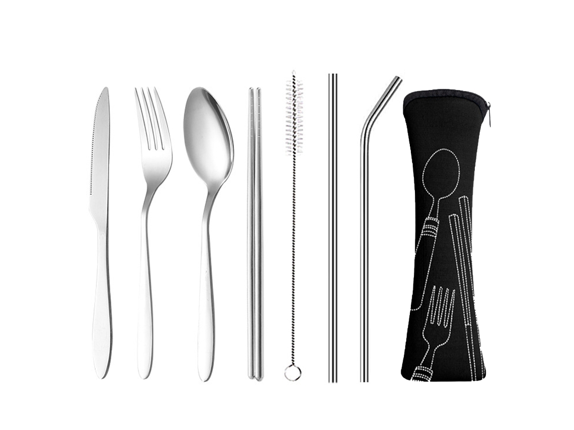 Juego de cubiertos portátiles de 7 piezas con estuche - Utensilios de viaje de acero inoxidable TRUYUETY