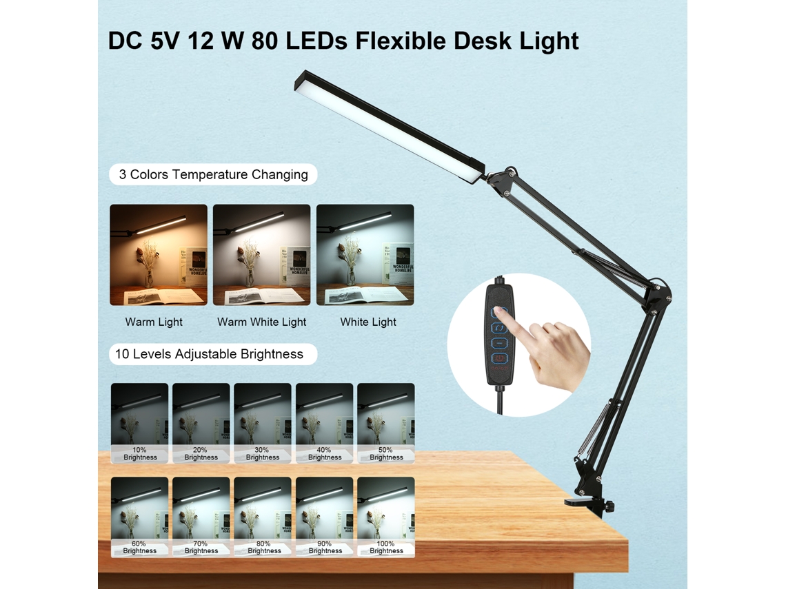 Lámpara De Mesa Led Con 80 Led, 12 W, Usb, 10 Niveles De Brillo, 3 Temperaturas De Color Ajustables, Pinza Plegable.