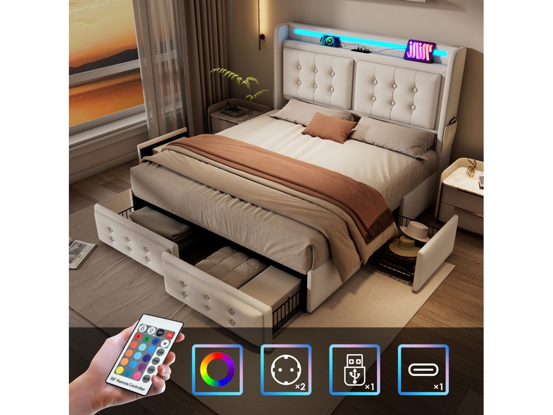Cama Doble De 180x200 Cm, Algodón Beige, Led, Usb-c, 4 Cajones, Metal Y Madera.