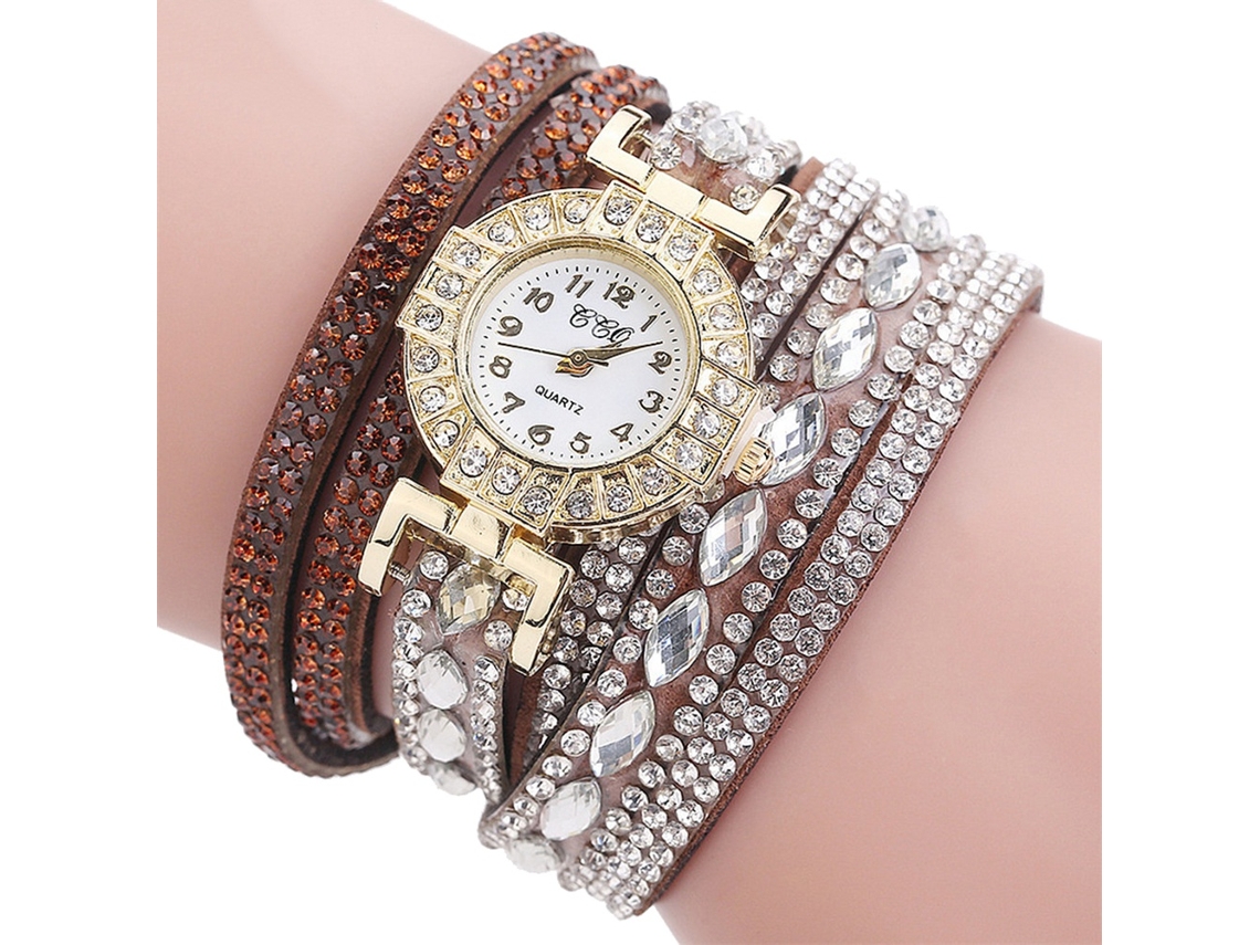 Reloj De Pulsera De Cuarzo Para Mujer Con Incrustaciones De Diamantes De Imitación En Varias Capas Y Correa De Terciopelo Marrón.