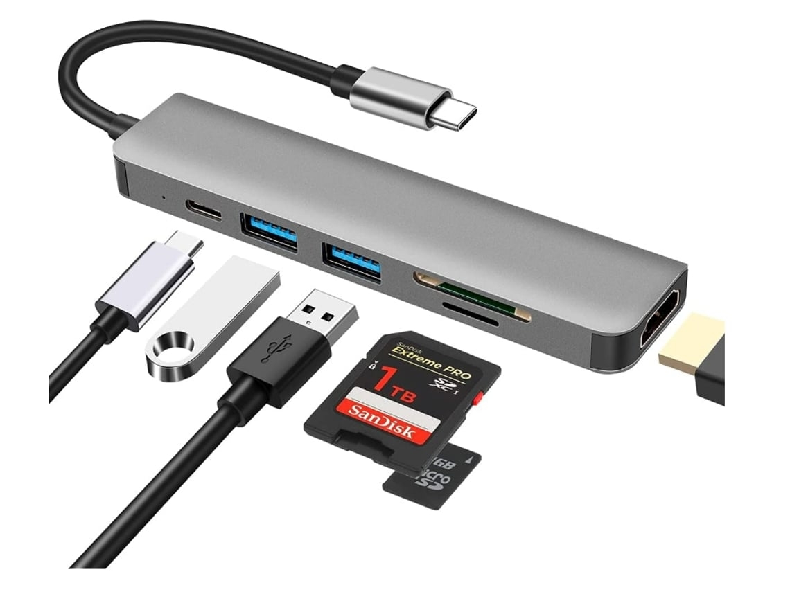Hub USB C USHION Kzw 66 Multipuerto 6 en 1 con Lector de Tarjetas SD/TF 4k Hdmi Puertos USB 3.0 y USB 2.0 Carga 100 W Gris