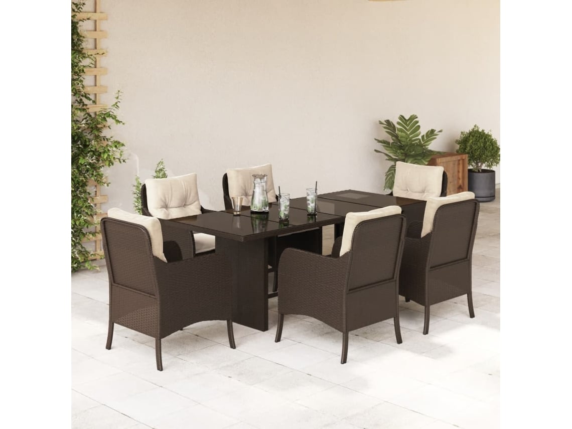 Juego de comedor de jardín de 7 piezas con cojines de mimbre marrón de DKD Home Decor
