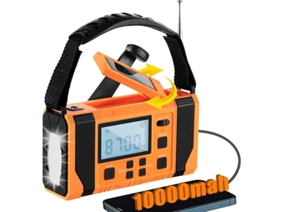 Radio de emergencia solar con manivela, linterna de 10 000 mAh, alerta AM/FM/NOAA y alarma SOS Panoona (naranja)