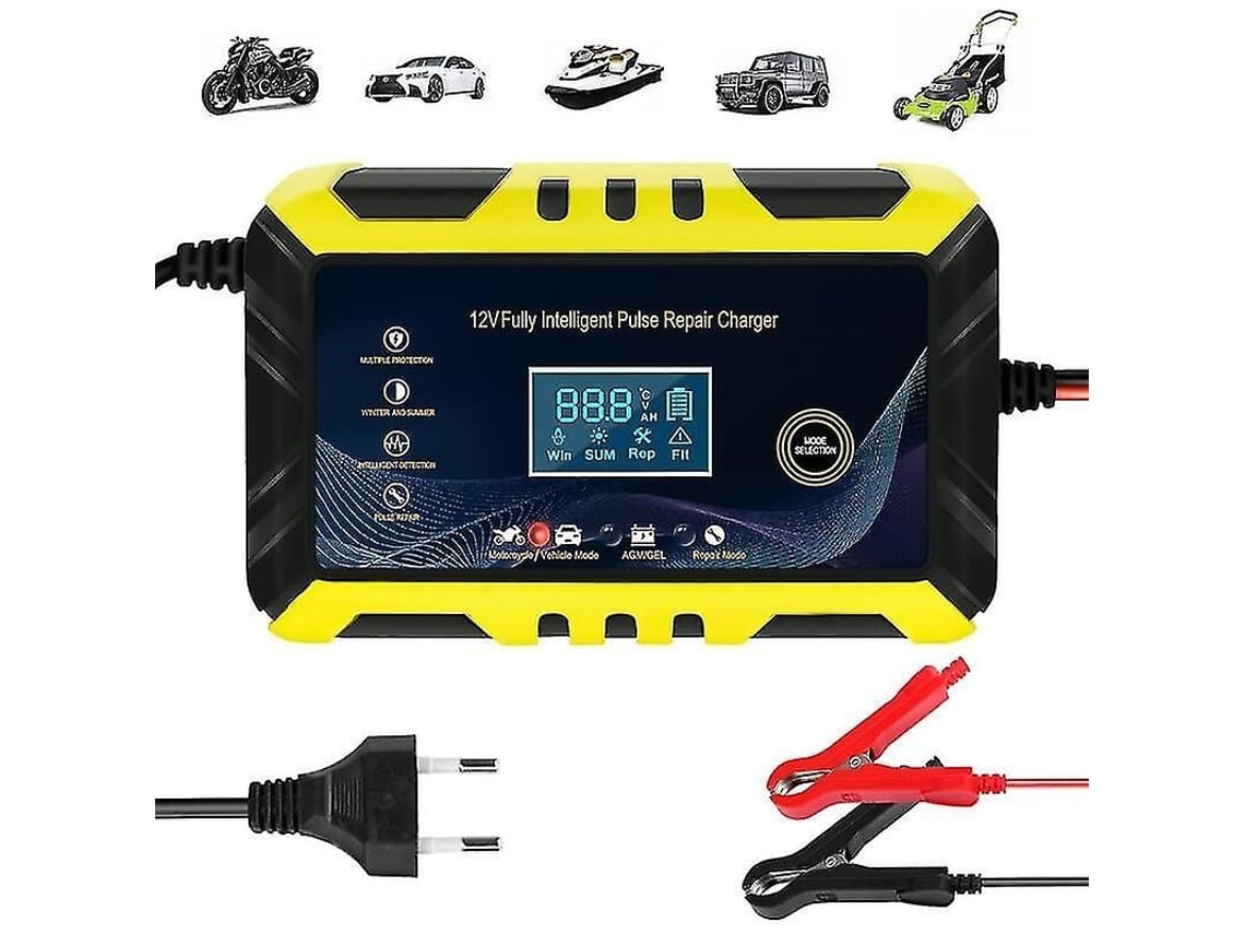Cargador batería coche inteligente 12V 6A con pantalla LCD. Mantenedor negro/amarillo.