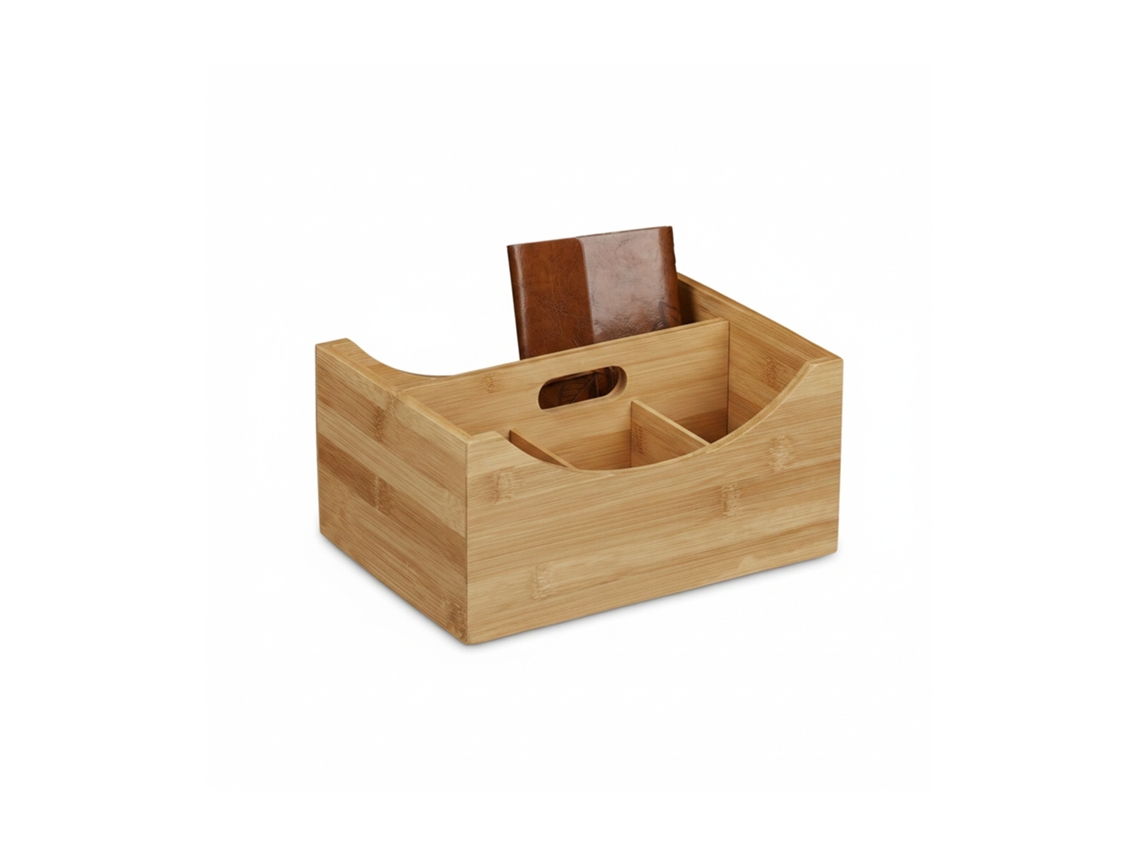 Relaxdays Organizador De Escritorio Bambú, Portalápices, 4 Compartimentos, Con Asa, Madera, 12x25x18 Cm, Marrón Natural