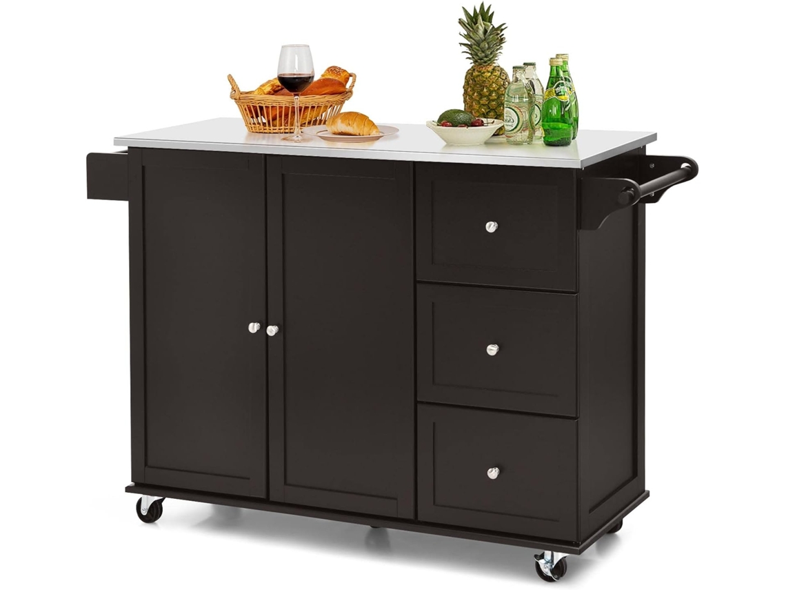 Carrito de Cocina, Carrito de Servicio Móvil con 3 Cajones, Carrito de Isla de Cocina con Encimera de Acero Inoxidable, Armario de 2 Puertas (Marrón) COSTWAY