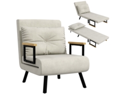 Sillón/cama Convertible 4 En 1 Con Respaldo Ajustable En 5 Posiciones, Reposabrazos Y Cojín De Madera, Tejido Efecto Terciopelo, Color Crema.