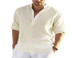 Camisa Casual De Hombre De Color Liso Con Cuello Alto, Manga Larga, Ligera Y Transpirable, Ideal Para La Playa.