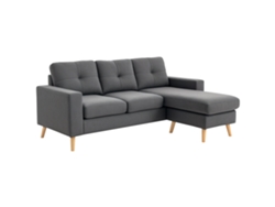 Sofá esquinero escandinavo con detalles capitoné, madera y tapicería de lino gris.