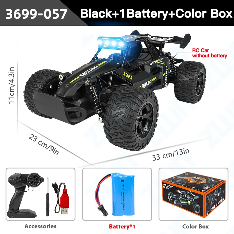 (negro) Coche Todoterreno De Aleación De Alta Velocidad 2.4g Con Control Remoto Y Luces Led, Juguete Para Niños.