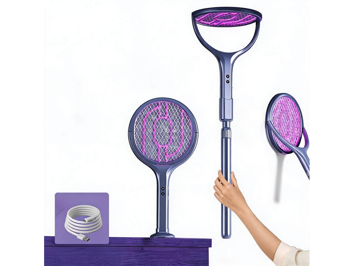 Raqueta Eléctrica Giratoria Antimosquitos Henten Home. Equipada Con Una Lámpara Uv Que Atrae A Los Mosquitos Y Un Mango Telescópico