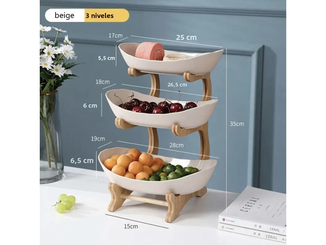 (beige L) Bandeja De Madera Para Frutas Y Postres Con Separadores Y Base