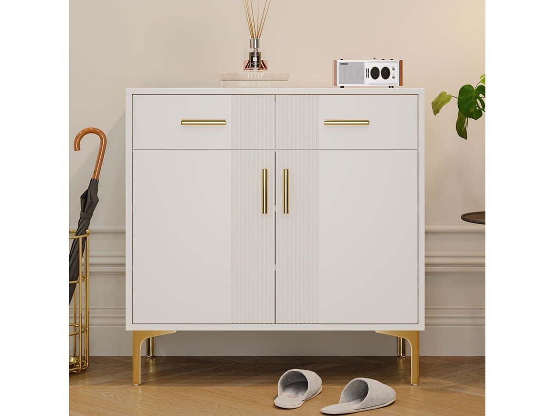 Aparador Moderno 80x35x79,5 Cm - Con 2 Puertas, 2 Cajones, Tiradores Y Patas Metálicas