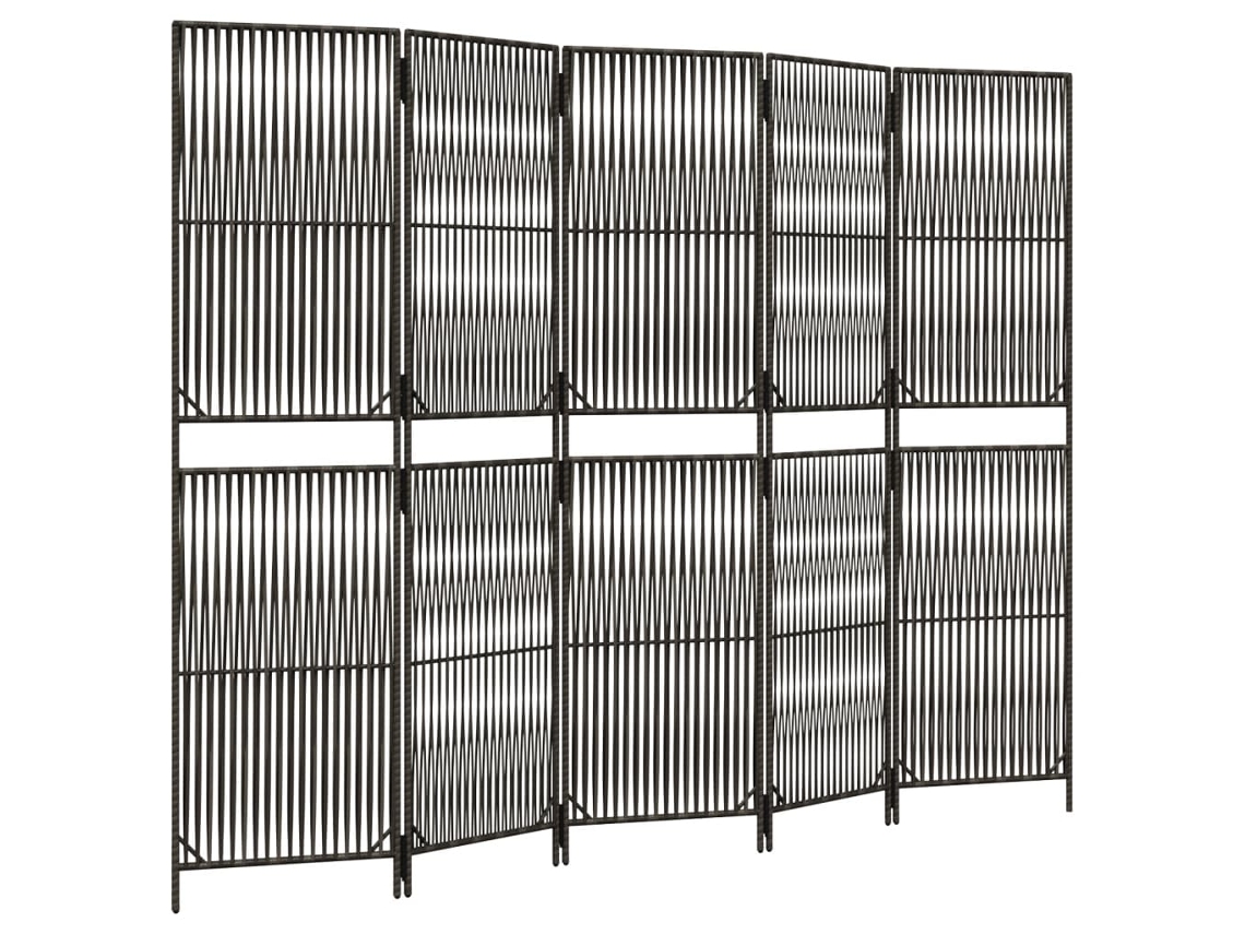 Biombo separador de ambientes, 5 paneles en resina tejida gris y acero Dec030972