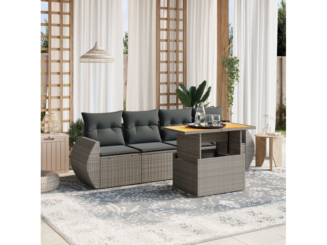 Conjunto de sofá de jardín de 5 piezas con cojines, ratán gris, DKD Home Decor