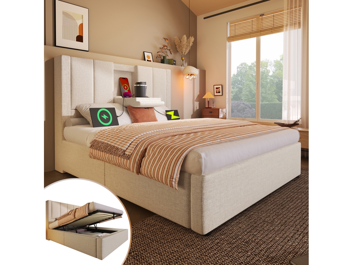 Cama Individual 90x200 Cm Con Portavasos, Usb, Almacenamiento, Base Incluida, Sin Colchón.