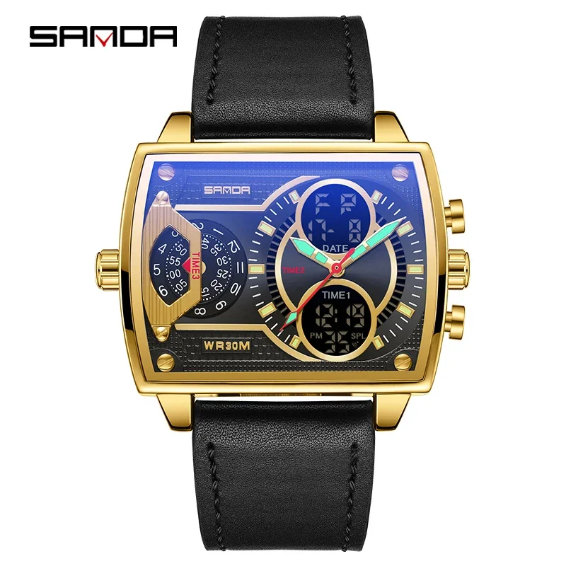 (oro Negro) Elegante Reloj Deportivo Casual De Cuarzo Con Correa Cuadrada De Cuero Estilo Militar, Resistente Al Agua, Con Alarma Para Hombre.