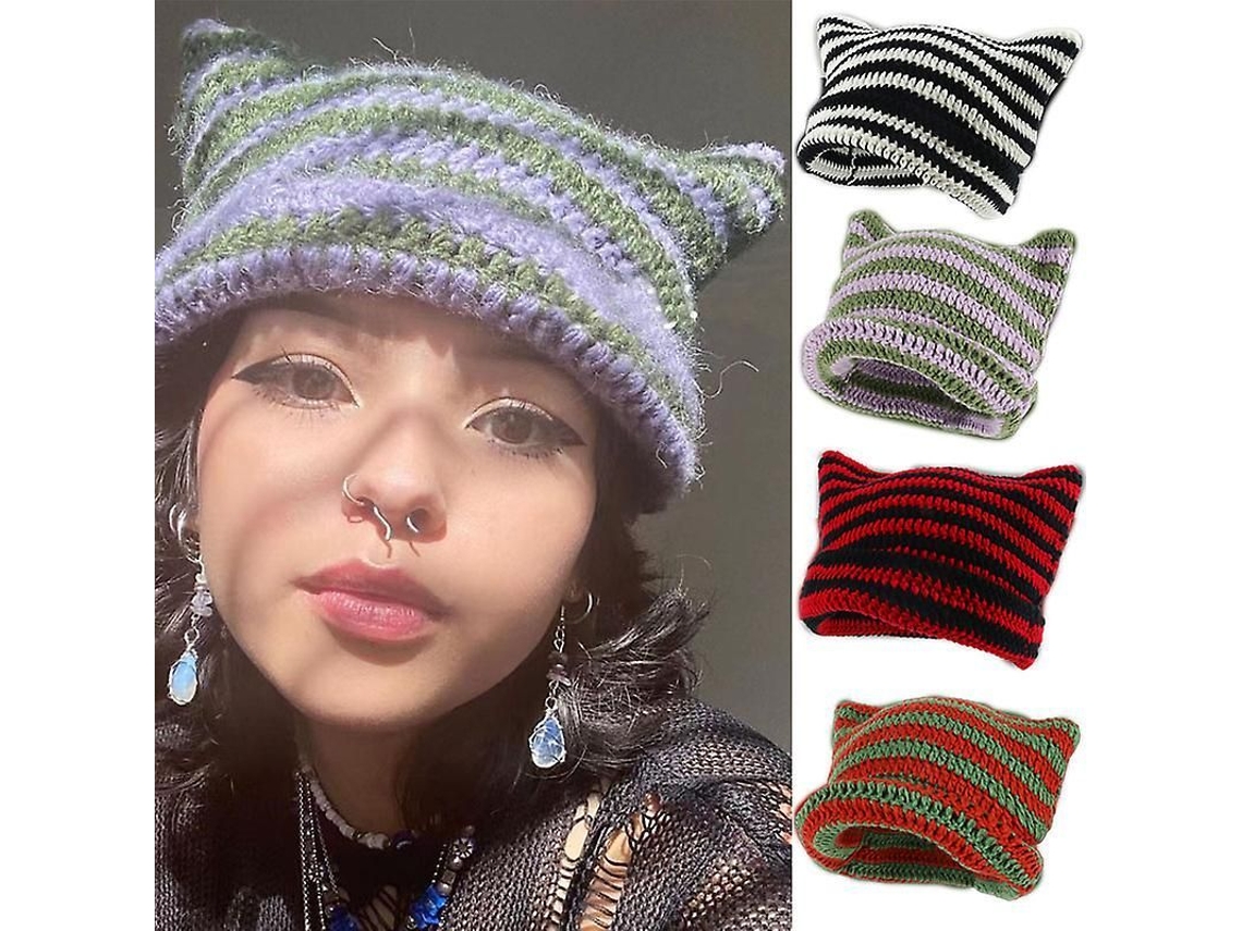2026-gorro De Lana Tejido A Mano Con Orecas De Gato Y Cuernos Diabólicos Para Mujer, Calientito Invierno, Regalo Halloween