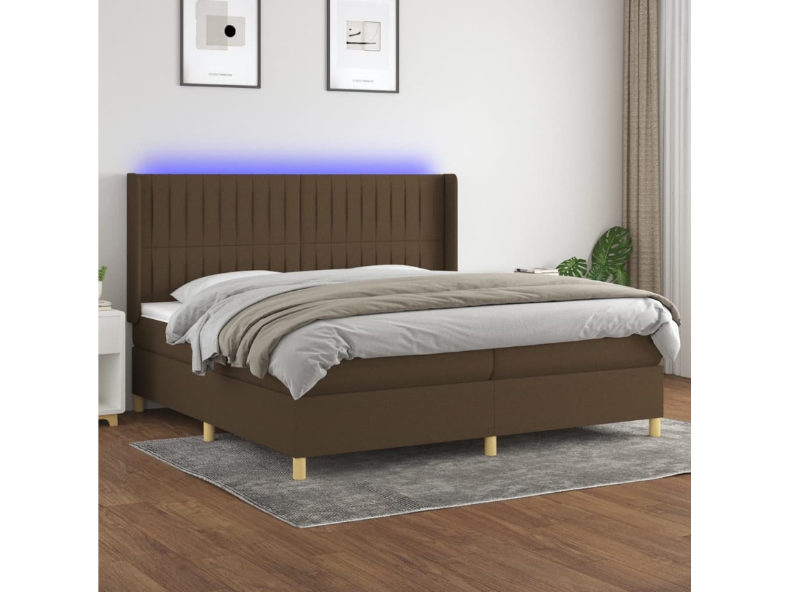 Cama Box Spring Colchón Luces Led Tela Marrón Oscuro 200x200 Cm