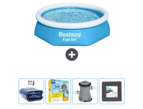 Piscina Hinchable Redonda Fast Set BESTWAY - 244 x 61 cm - Azul - Incluida Vela solar - Paquete de mantenimiento - Bomba - Baldosas
