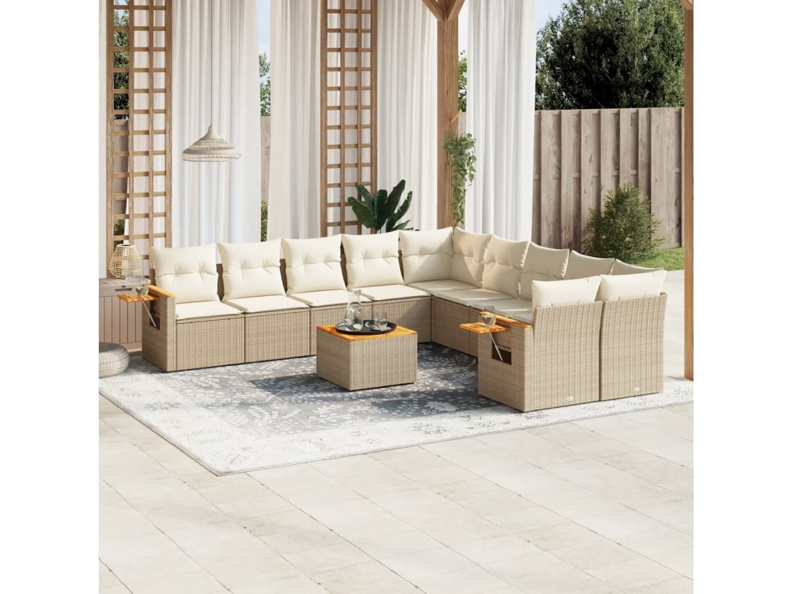Conjunto de sofá de jardín de 11 piezas con cojines, mimbre sintético beige, DKD Home Decor