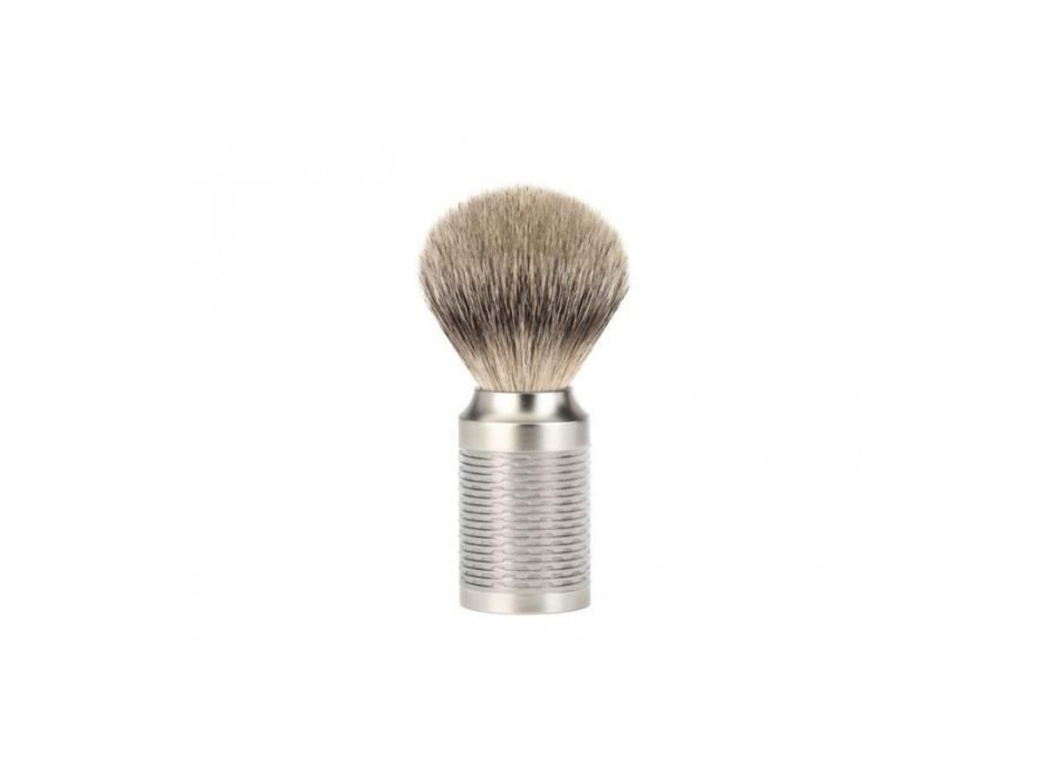 Brocha de afeitar Mühle 091m94, plata pura, marco de acero inoxidable cepillado (tejón con punta plateada)