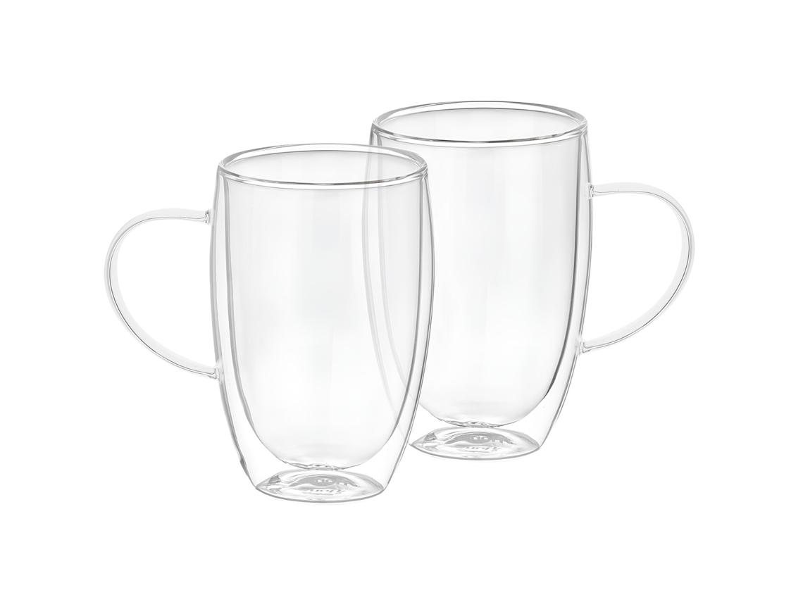 Juego de 2 vasos CHEFFINGER con asa de doble pared, 350 ml, en vidrio de borosilicato transparente sólido