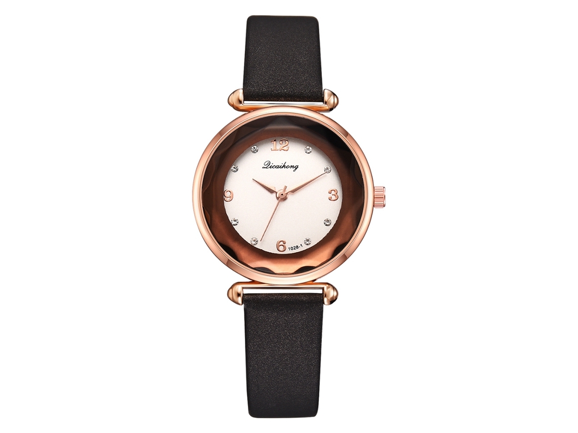 Reloj De Pulsera De Cuarzo Para Mujer Con Correa De Piel Sintética, Marco De Oro Rosa Con Diamantes De Imitación Negros.