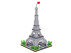 Juguetes de construcción de la Torre Eiffel, bloques Lego y obras arquitectónicas.
