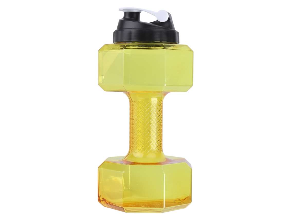 Botella de ejercicio con forma de mancuerna de gran capacidad para entrenamiento en el gimnasio, color amarillo