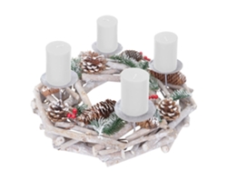 Corona de Adviento redonda, decoración navideña de mesa de madera, Ø 35 cm, blanco grisáceo, con velas blancas 04_0002565