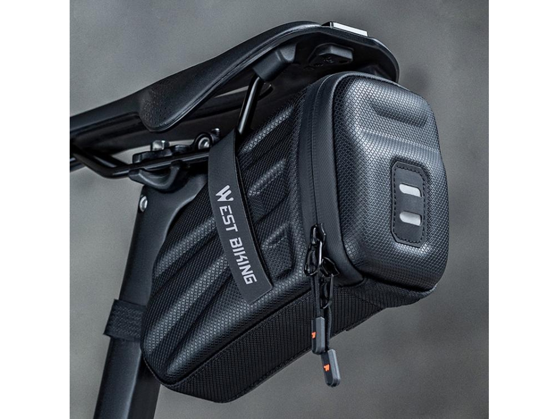 Bolsa trasera rígida para bicicleta de montaña y carretera, diseño de sillín, tira reflectante, luz trasera, colgable, Mdug (negro)