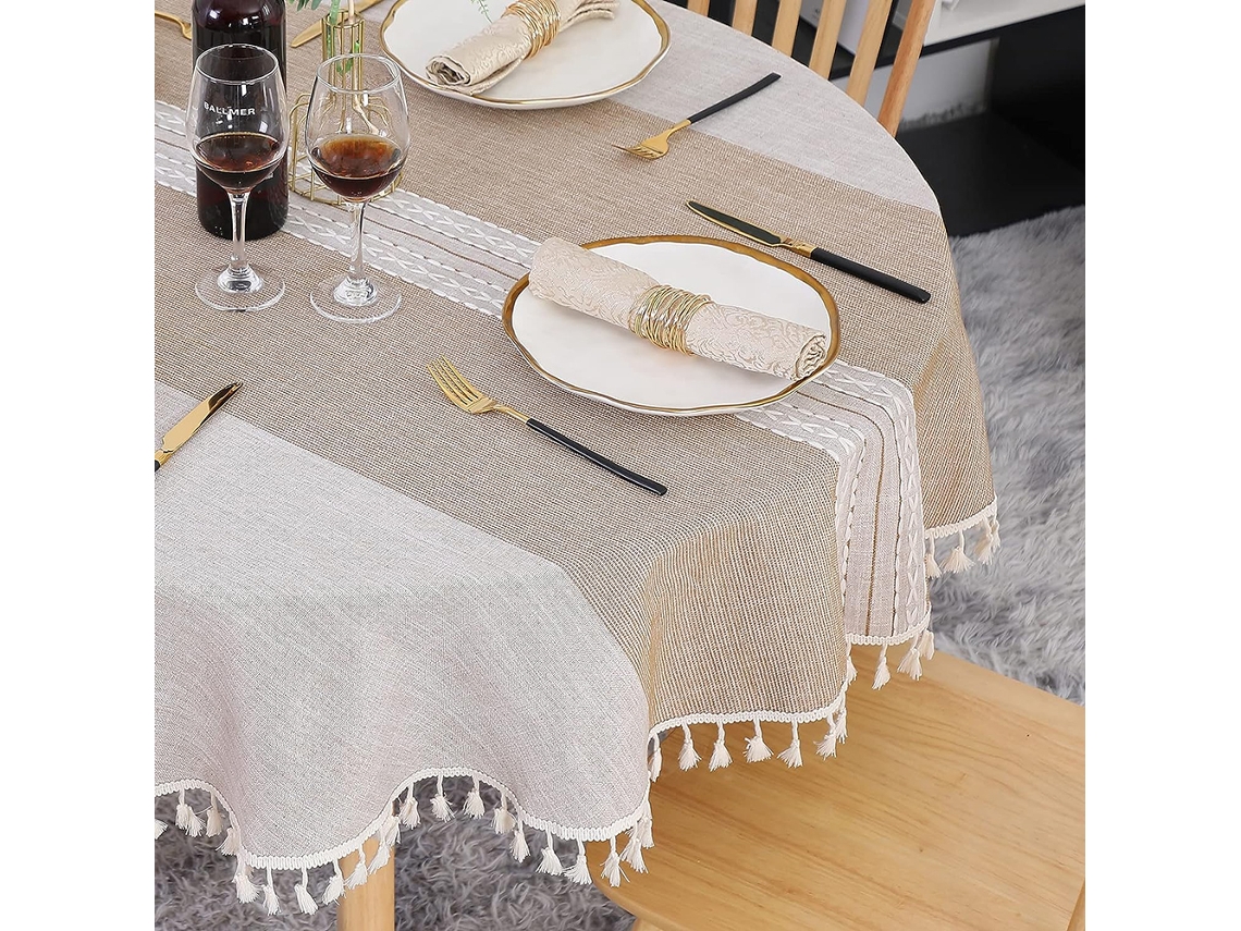 Mantel de inspiración rústica, llamativo estampado bordado con revestimiento impermeable, tejido de mezcla de lino de fácil cuidado, borlas.