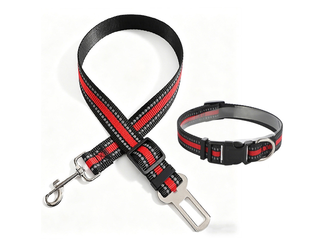 Kit Collar Reflectante + Cinturón De Seguridad Rojo, Nailon Resistente, Ajustable, Protección En Viajes Y Paseos Nocturnos