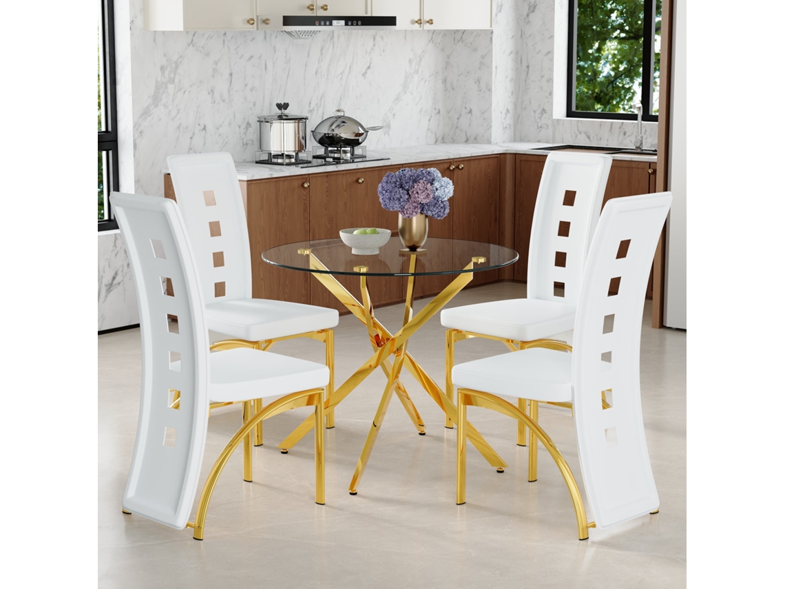 Conjunto Mesa Y Sillas 88 Cm - Mesa De Comedor De Vidrio Templado Con 4 Sillas Blancas De Pu Con Patrón Geométrico - Blanco, Transparente