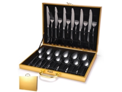 (caja De Madera De 24 Piezas - Negra) Juego De Cubiertos De Acero Inoxidable Con Cuchillos, Tenedores Y Cucharas De Acero Inoxidable