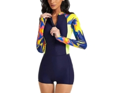 Traje De Baño Entero Manga Larga Rash Guard Para Mujer Surf Natación Zip Front M Azul Marino Amarillo