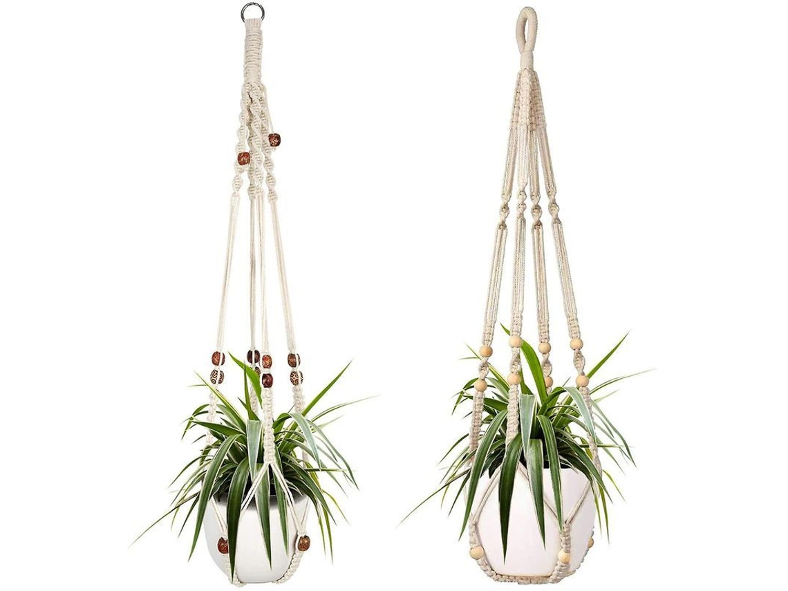 2 colgadores de macramé para plantas, cesta de algodón con cuerda, 90 cm, blanco