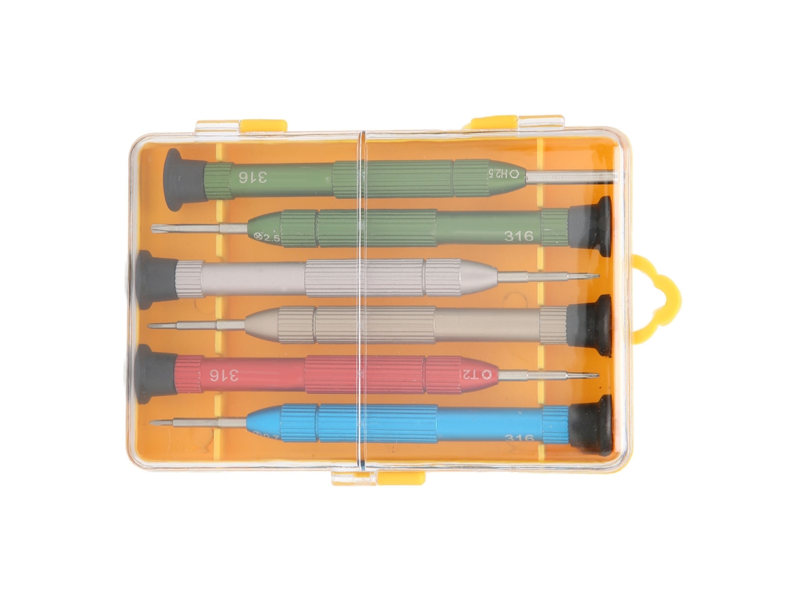 Kit de destornilladores metálicos portátiles 6 en 1 para reparar gafas, juguetes y relojes.