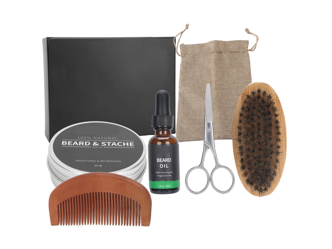 Kit de cuidados para barba 2026 com 6 peças: creme, óleo, escova e lenços para nutrir, amaciar e estilizar sua barba.