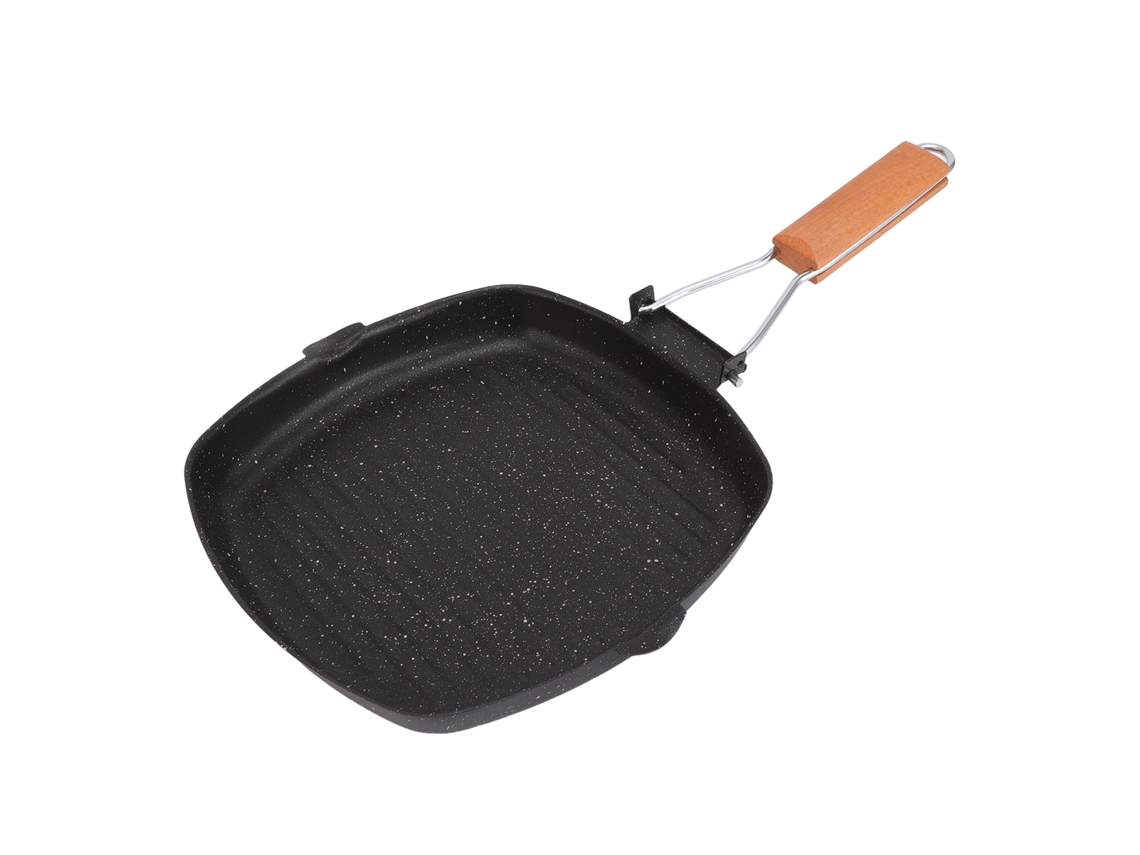 Sartén Antiadherente Para Barbacoa Con Mango Plegable, Madera De Haya, 24x24 Cm, De Bajo Consumo Energético.
