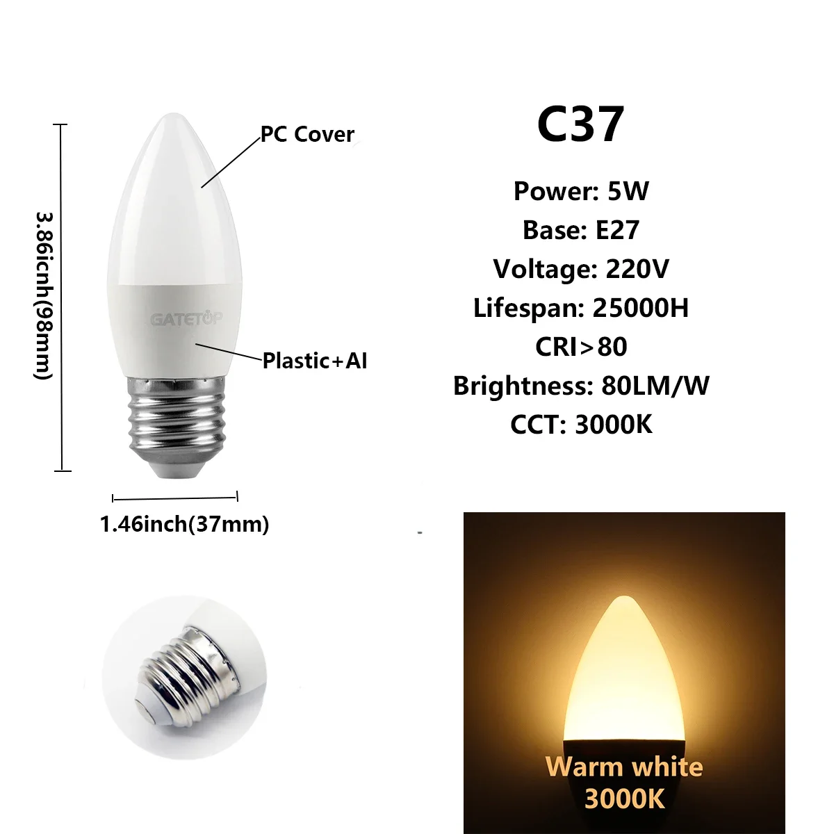 Bombillas Led (c37 5w E27 3000k) Paquete De 10 Unidades, Adecuadas Para La Decoración Del Hogar, El Estudio Y El Baño.